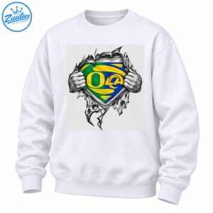 O LA shield in green gold and blue revealed by grayscale hands tearing through jagged fabric
