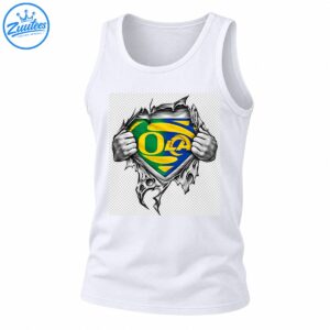 O LA shield in green gold and blue revealed by grayscale hands tearing through jagged fabric
