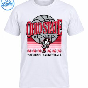 Ohio State Buckeyes basketball shirt design with a gray basketball, running Brutus mascot, scarlet stripes, and buckeye leaf emblems
