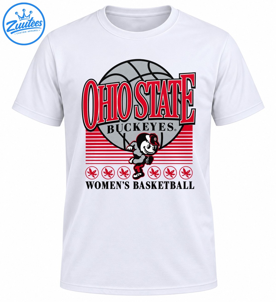 Ohio State Buckeyes basketball shirt design with a gray basketball, running Brutus mascot, scarlet stripes, and buckeye leaf emblems Ohio State Buckeyes basketball shirt design with a gray basketball, running Brutus mascot, scarlet stripes, and buckeye leaf emblems