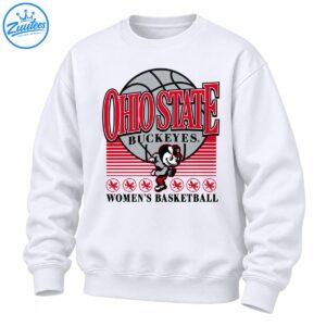 Ohio State Buckeyes basketball shirt design with a gray basketball, running Brutus mascot, scarlet stripes, and buckeye leaf emblems