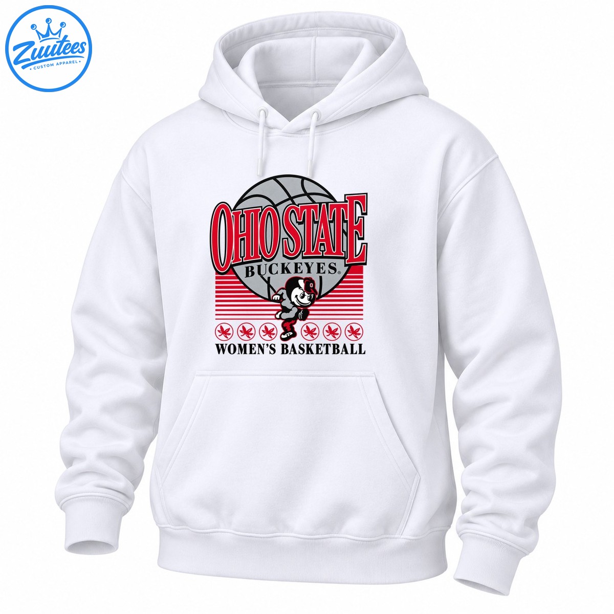Ohio State Buckeyes basketball shirt design with a gray basketball, running Brutus mascot, scarlet stripes, and buckeye leaf emblems Ohio State Buckeyes basketball shirt design with a gray basketball, running Brutus mascot, scarlet stripes, and buckeye leaf emblems