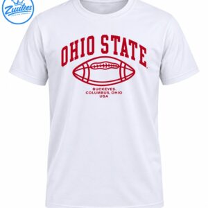 Scarlet Ohio State lettering above an outlined football with Buckeyes, Columbus Ohio USA text.