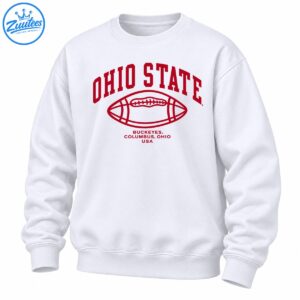Scarlet Ohio State lettering above an outlined football with Buckeyes, Columbus Ohio USA text.
