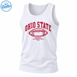 Scarlet Ohio State lettering above an outlined football with Buckeyes, Columbus Ohio USA text.