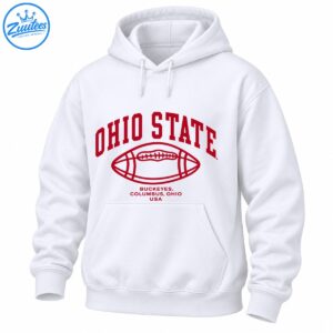 Scarlet Ohio State lettering above an outlined football with Buckeyes, Columbus Ohio USA text.