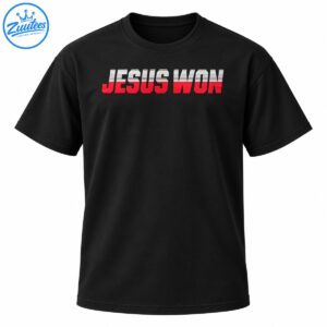 JESUS WON graphic design in bold red lettering with distressed white horizontal stripes and dark outlines