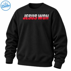 JESUS WON graphic design in bold red lettering with distressed white horizontal stripes and dark outlines