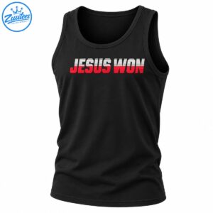 JESUS WON graphic design in bold red lettering with distressed white horizontal stripes and dark outlines