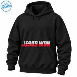 JESUS WON graphic design in bold red lettering with distressed white horizontal stripes and dark outlines