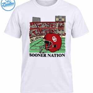 Crimson football helmet with white OU emblem, vintage stadium, green field, Oklahoma banner, and Sooner Nation text