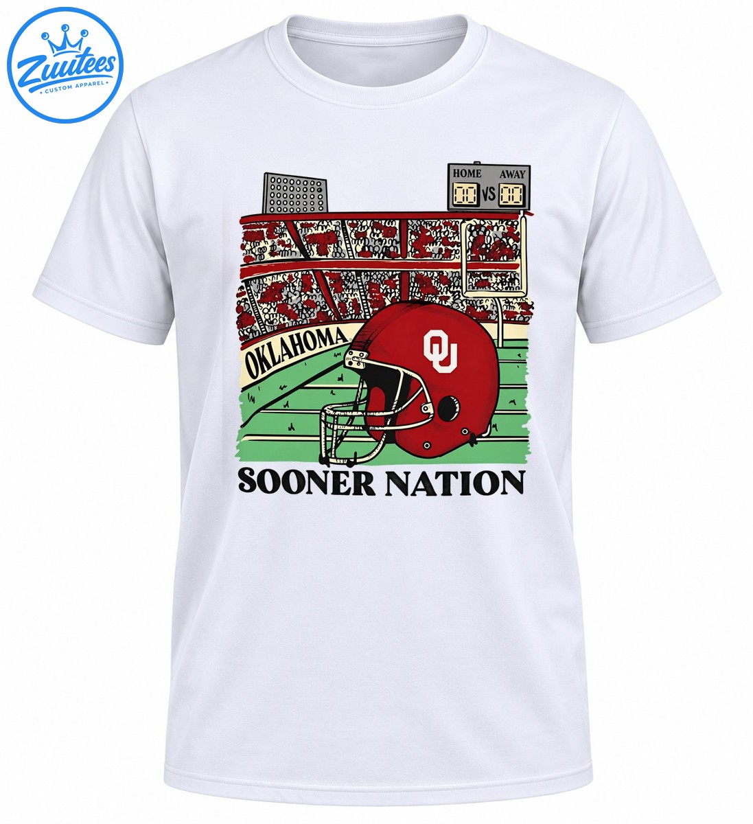 Crimson football helmet with white OU emblem, vintage stadium, green field, Oklahoma banner, and Sooner Nation text Crimson football helmet with white OU emblem, vintage stadium, green field, Oklahoma banner, and Sooner Nation text