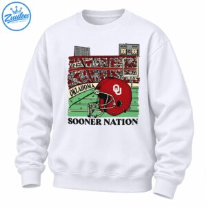 Crimson football helmet with white OU emblem, vintage stadium, green field, Oklahoma banner, and Sooner Nation text