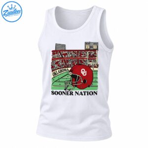Crimson football helmet with white OU emblem, vintage stadium, green field, Oklahoma banner, and Sooner Nation text