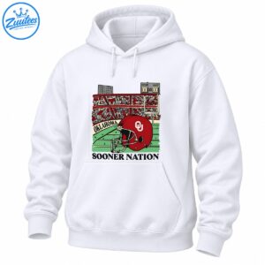 Crimson football helmet with white OU emblem, vintage stadium, green field, Oklahoma banner, and Sooner Nation text