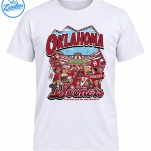 Oklahoma football stadium shirt design with cheering cartoon fans, crimson flags, OKLAHOMA lettering, and Sooners script