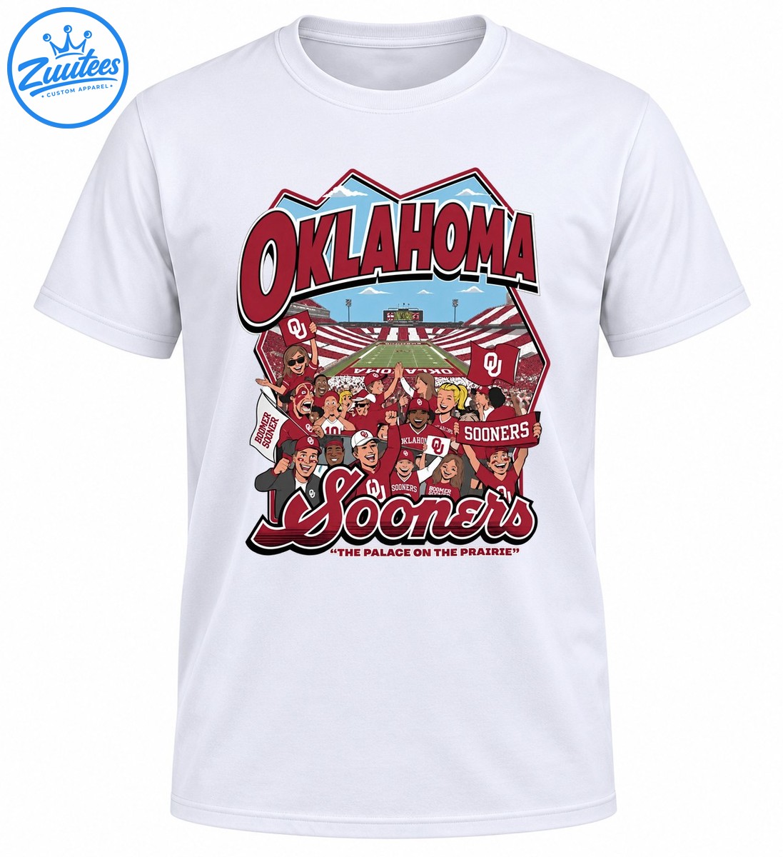 Oklahoma football stadium shirt design with cheering cartoon fans, crimson flags, OKLAHOMA lettering, and Sooners script Oklahoma football stadium shirt design with cheering cartoon fans, crimson flags, OKLAHOMA lettering, and Sooners script