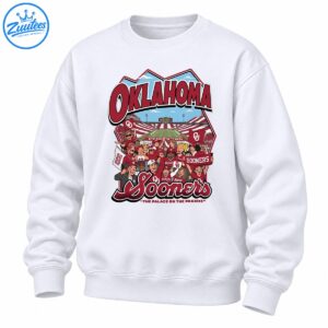 Oklahoma football stadium shirt design with cheering cartoon fans, crimson flags, OKLAHOMA lettering, and Sooners script