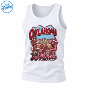 Oklahoma football stadium shirt design with cheering cartoon fans, crimson flags, OKLAHOMA lettering, and Sooners script