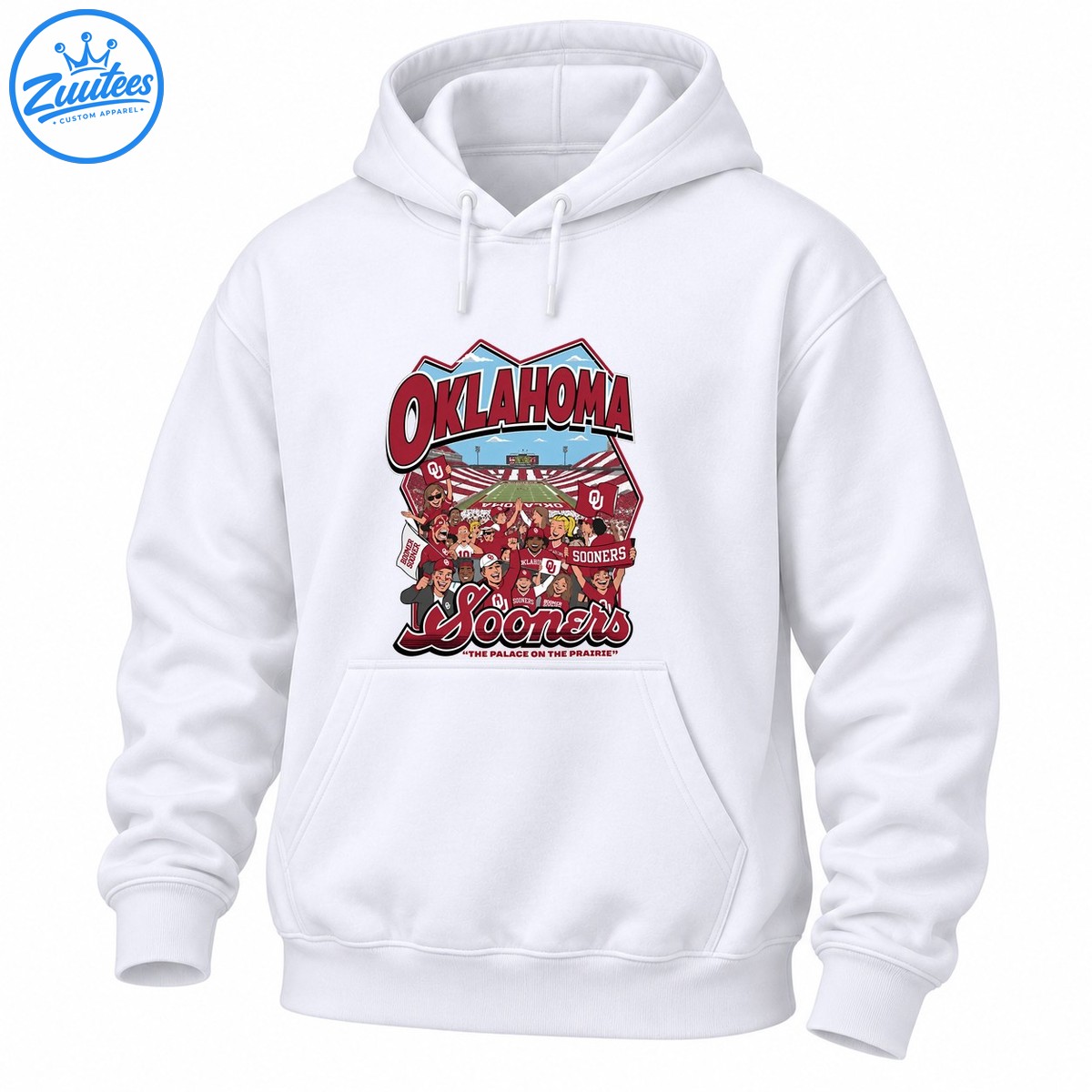 Oklahoma football stadium shirt design with cheering cartoon fans, crimson flags, OKLAHOMA lettering, and Sooners script Oklahoma football stadium shirt design with cheering cartoon fans, crimson flags, OKLAHOMA lettering, and Sooners script