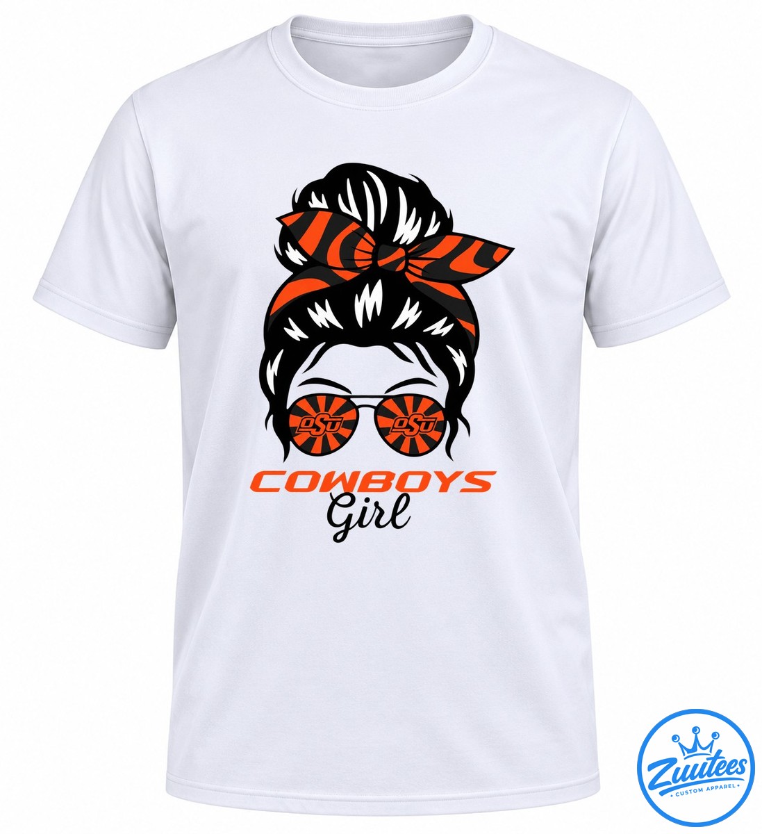 Cowboys Girl Shirt graphic with a black messy bun, orange and black bandana bow, sunburst sunglasses, and bold lettering. Cowboys Girl Shirt graphic with a black messy bun, orange and black bandana bow, sunburst sunglasses, and bold lettering.