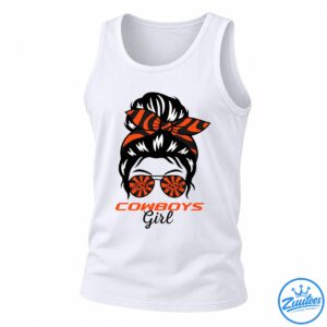 Cowboys Girl Shirt graphic with a black messy bun, orange and black bandana bow, sunburst sunglasses, and bold lettering.