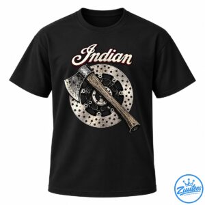 Vintage axe graphic with a wood-grain handle crossing a distressed metal disc beneath cream Indian script lettering.