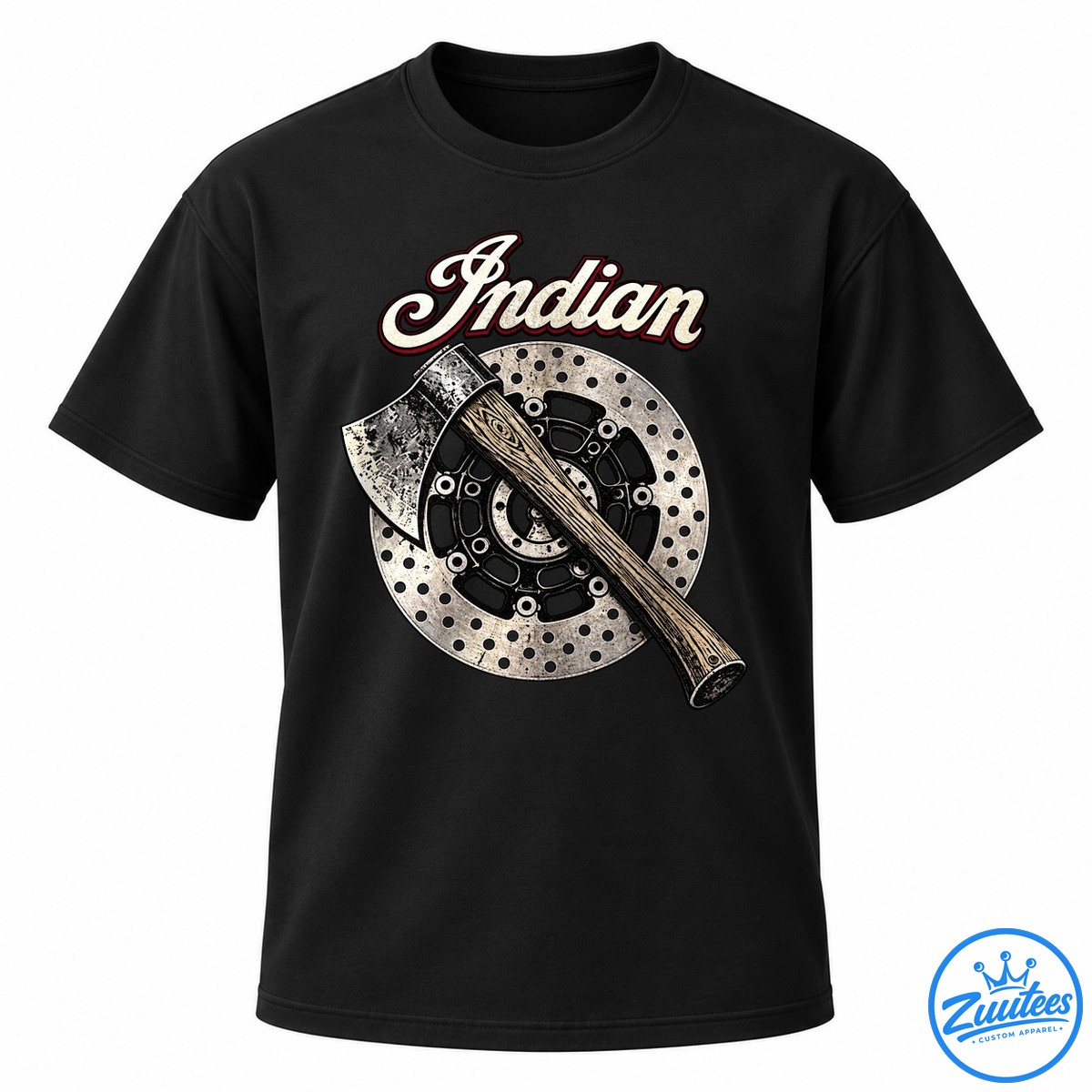 Olentzero X Indian Motorcycle Fueled By Charcoal And Gasoline Shirt Vintage axe graphic with a wood-grain handle crossing a distressed metal disc beneath cream Indian script lettering.