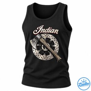 Vintage axe graphic with a wood-grain handle crossing a distressed metal disc beneath cream Indian script lettering.