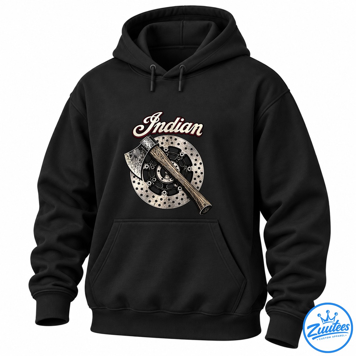 Olentzero X Indian Motorcycle Fueled By Charcoal And Gasoline Shirt Vintage axe graphic with a wood-grain handle crossing a distressed metal disc beneath cream Indian script lettering.