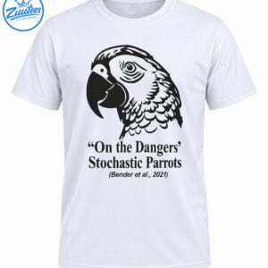 Black and gray parrot illustration above the text On the Dangers of Stochastic Parrots and Bender et al. 2021
