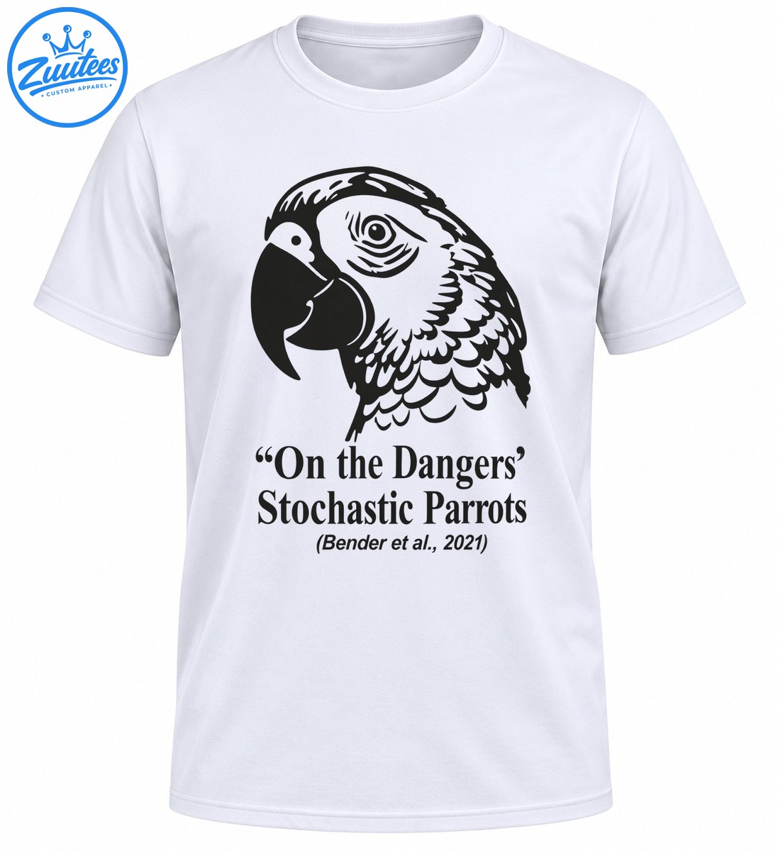 Black and gray parrot illustration above the text On the Dangers of Stochastic Parrots and Bender et al. 2021 Black and gray parrot illustration above the text On the Dangers of Stochastic Parrots and Bender et al. 2021