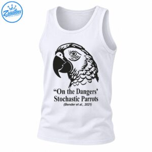 Black and gray parrot illustration above the text On the Dangers of Stochastic Parrots and Bender et al. 2021