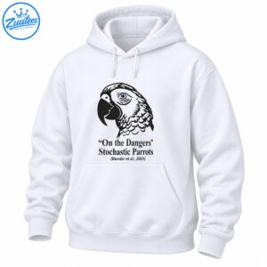 Black and gray parrot illustration above the text On the Dangers of Stochastic Parrots and Bender et al. 2021
