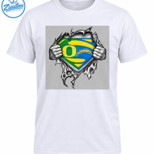 Oregon Ducks inspired graphic with a green gold and blue O emblem and hands ripping through a detailed black and white chest design