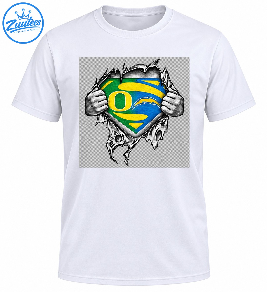 Oregon Ducks inspired graphic with a green gold and blue O emblem and hands ripping through a detailed black and white chest design Oregon Ducks inspired graphic with a green gold and blue O emblem and hands ripping through a detailed black and white chest design