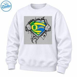 Oregon Ducks inspired graphic with a green gold and blue O emblem and hands ripping through a detailed black and white chest design