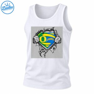 Oregon Ducks inspired graphic with a green gold and blue O emblem and hands ripping through a detailed black and white chest design