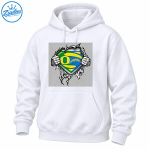 Oregon Ducks inspired graphic with a green gold and blue O emblem and hands ripping through a detailed black and white chest design
