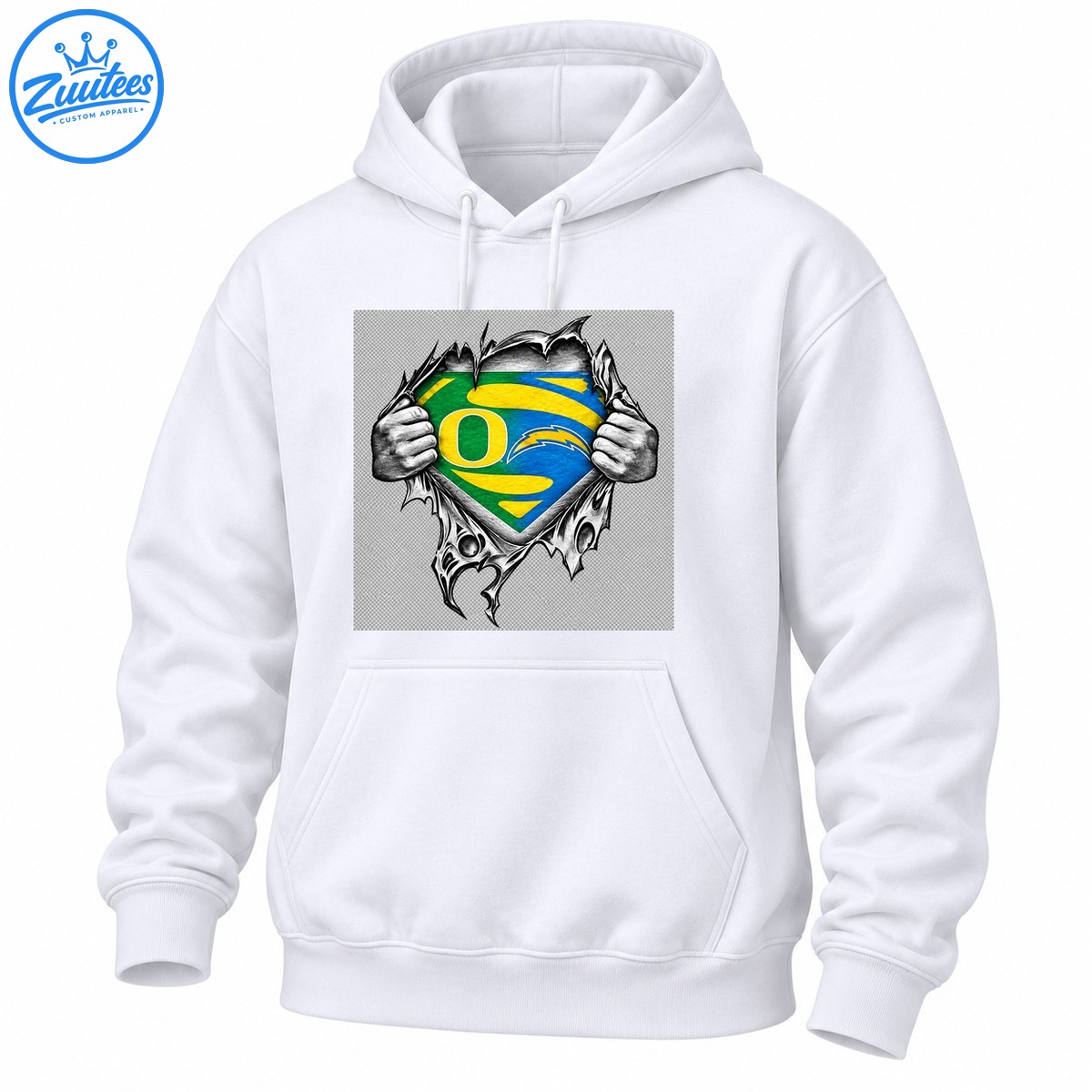 Oregon Ducks inspired graphic with a green gold and blue O emblem and hands ripping through a detailed black and white chest design Oregon Ducks inspired graphic with a green gold and blue O emblem and hands ripping through a detailed black and white chest design
