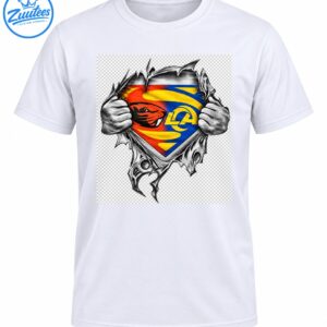 Orange beaver mascot and blue yellow LA crest revealed by illustrated hands tearing through jagged grayscale fabric