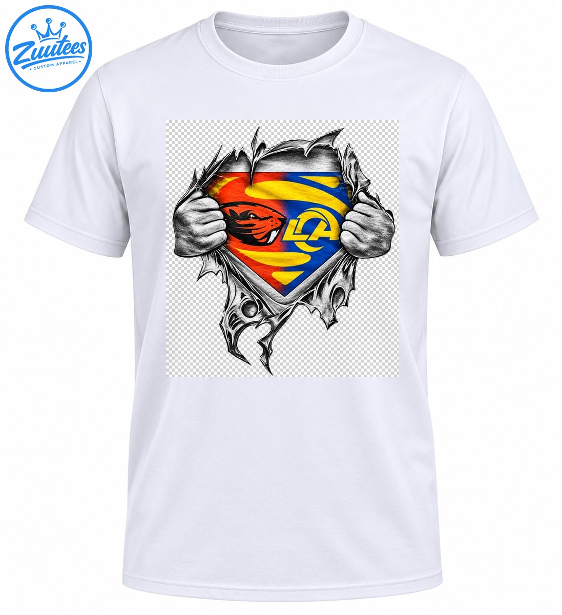 Orange beaver mascot and blue yellow LA crest revealed by illustrated hands tearing through jagged grayscale fabric Orange beaver mascot and blue yellow LA crest revealed by illustrated hands tearing through jagged grayscale fabric