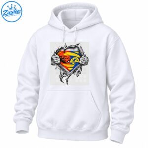 Orange beaver mascot and blue yellow LA crest revealed by illustrated hands tearing through jagged grayscale fabric