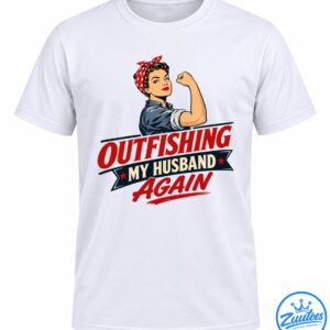 Retro fishing humor design featuring a flexing woman in a red polka-dot headband and the text Outfishing My Husband Again.