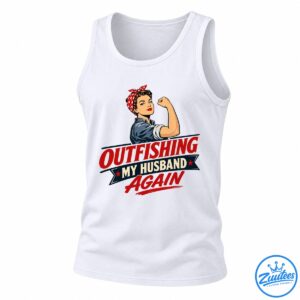 Retro fishing humor design featuring a flexing woman in a red polka-dot headband and the text Outfishing My Husband Again.