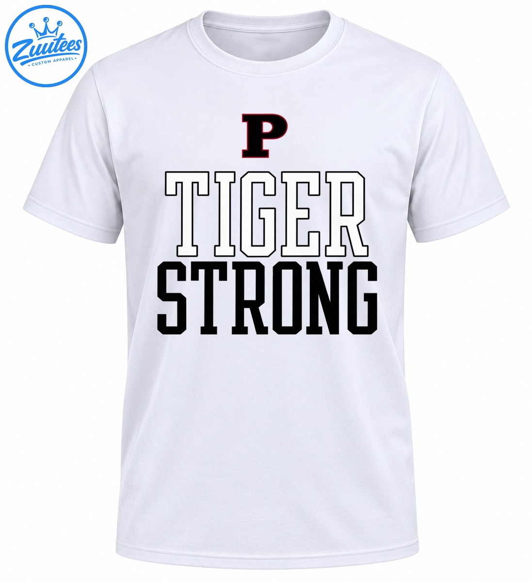 Tiger Strong school spirit design with a black letter P, outlined TIGER text, and bold black STRONG lettering. Tiger Strong school spirit design with a black letter P, outlined TIGER text, and bold black STRONG lettering.