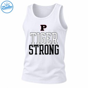Tiger Strong school spirit design with a black letter P, outlined TIGER text, and bold black STRONG lettering.
