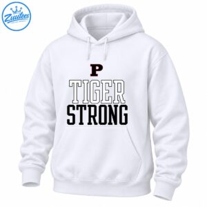Tiger Strong school spirit design with a black letter P, outlined TIGER text, and bold black STRONG lettering.