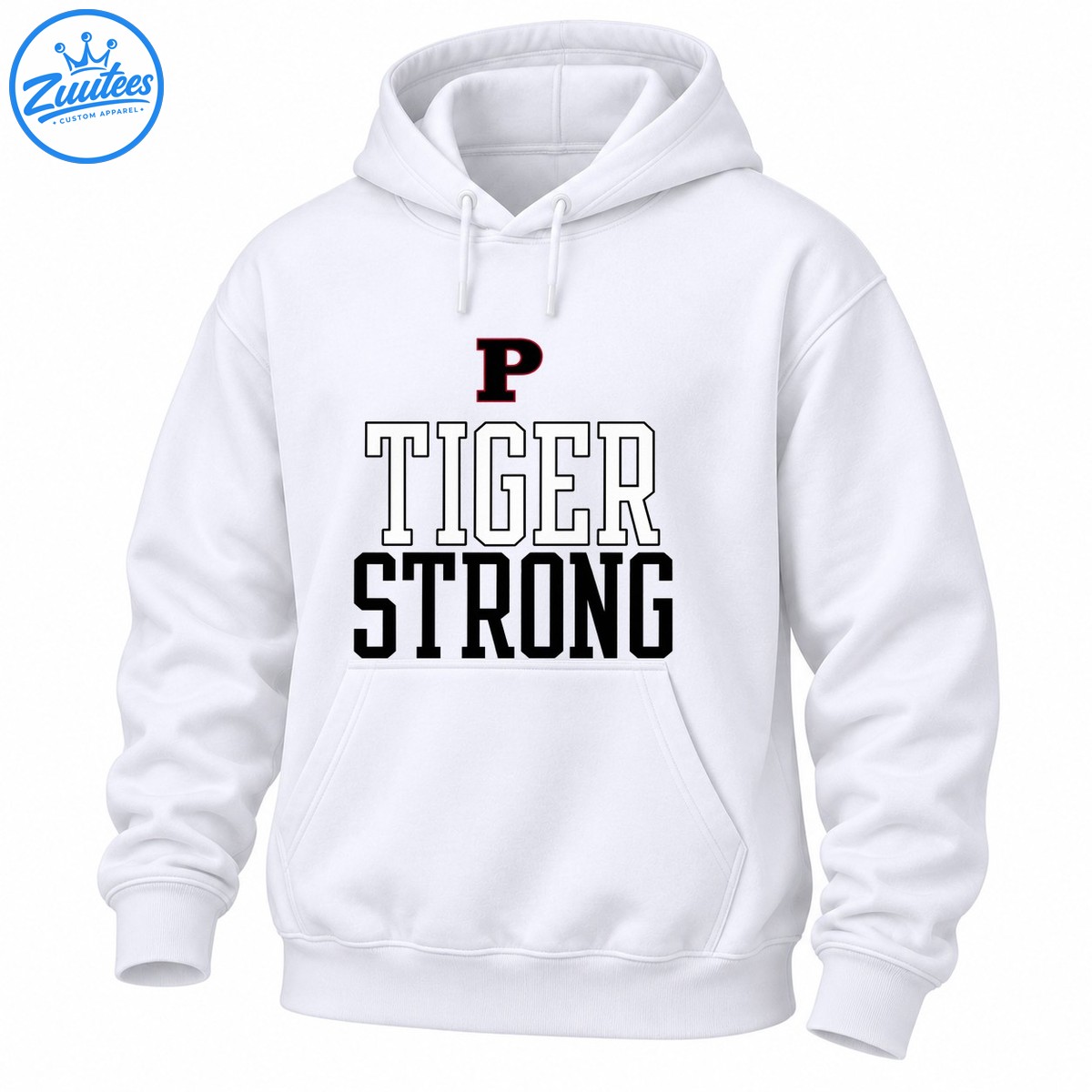 Tiger Strong school spirit design with a black letter P, outlined TIGER text, and bold black STRONG lettering. Tiger Strong school spirit design with a black letter P, outlined TIGER text, and bold black STRONG lettering.