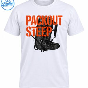 Packout Steep shirt design with distressed orange stencil lettering and a rugged black and gray hiking boot graphic
